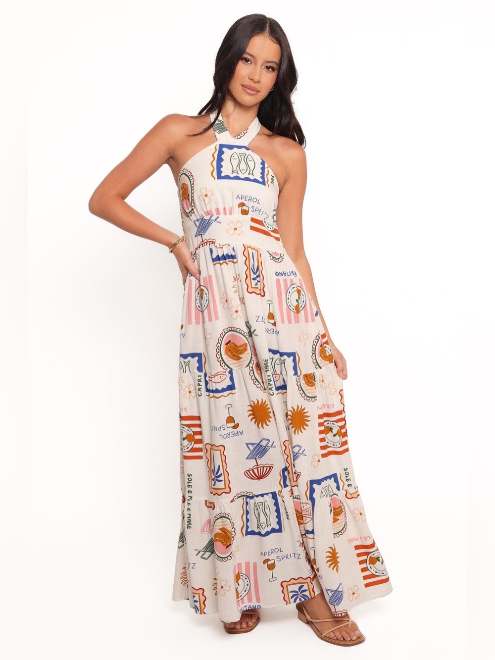 Petal & Pup Jelena Halter Maxi Dress Size 8 Ocean Oasis White Blue